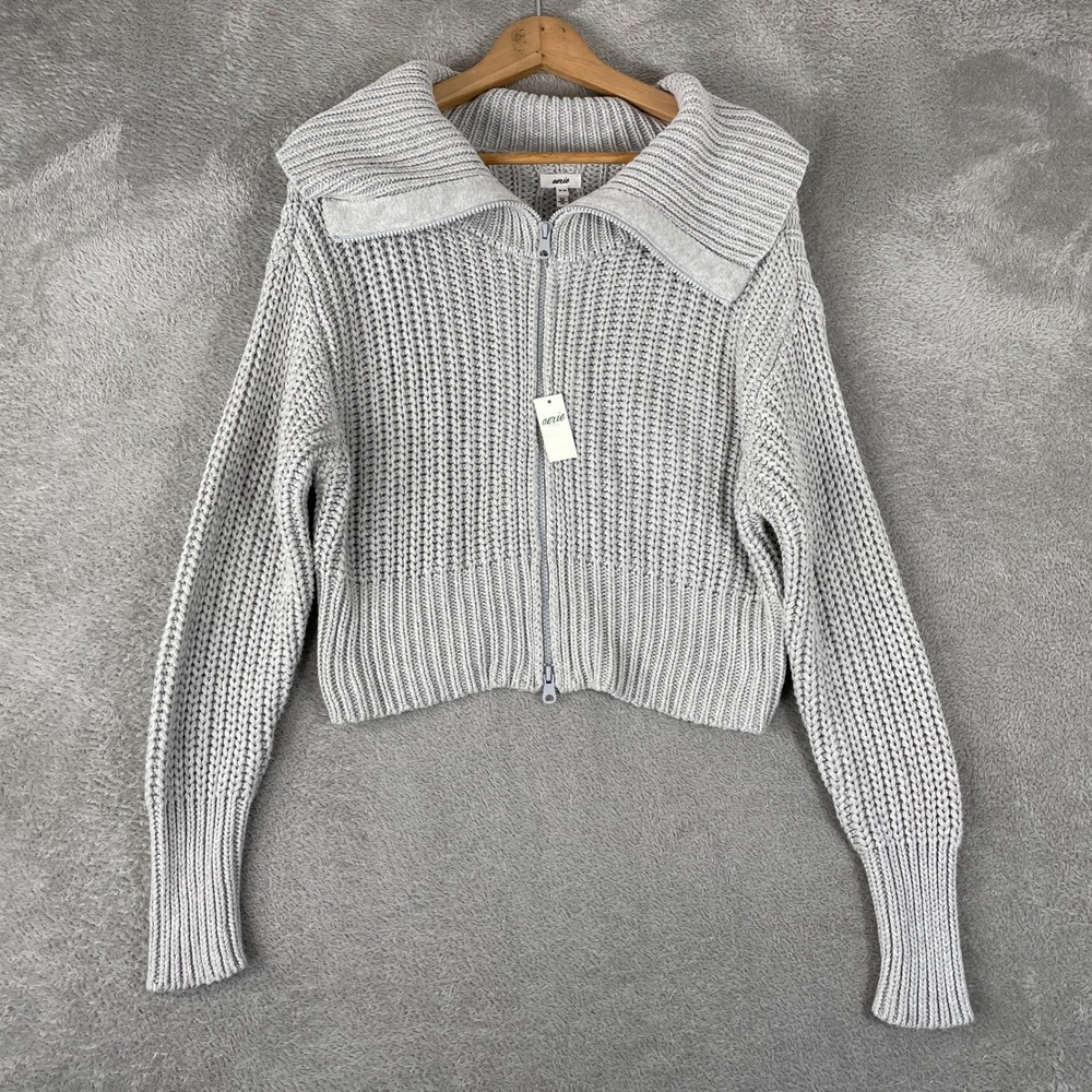 Aerie Cardigan Womens Medium Gray Chunky Knit Cropped Oversized Collar Sweater